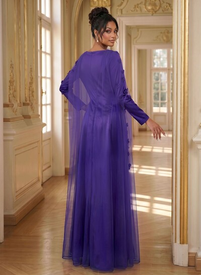 A-Line Square Neckline Long Sleeves Satin Evening Dresses With Flower(s)