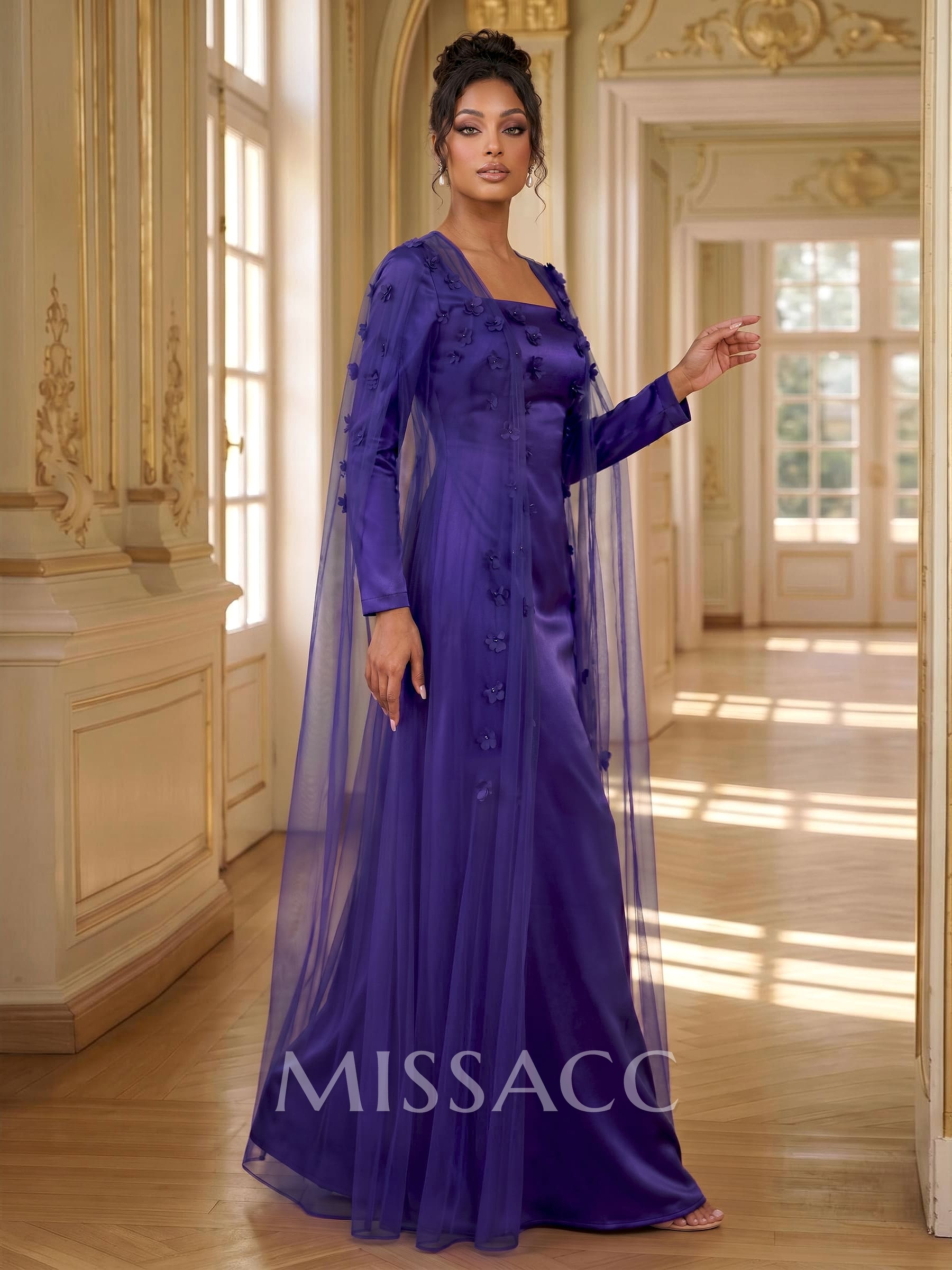 A-Line Square Neckline Long Sleeves Satin Evening Dresses With Flower(s) A-Line Square Neckline Long Sleeves Satin Evening Dresses With Flower(s)