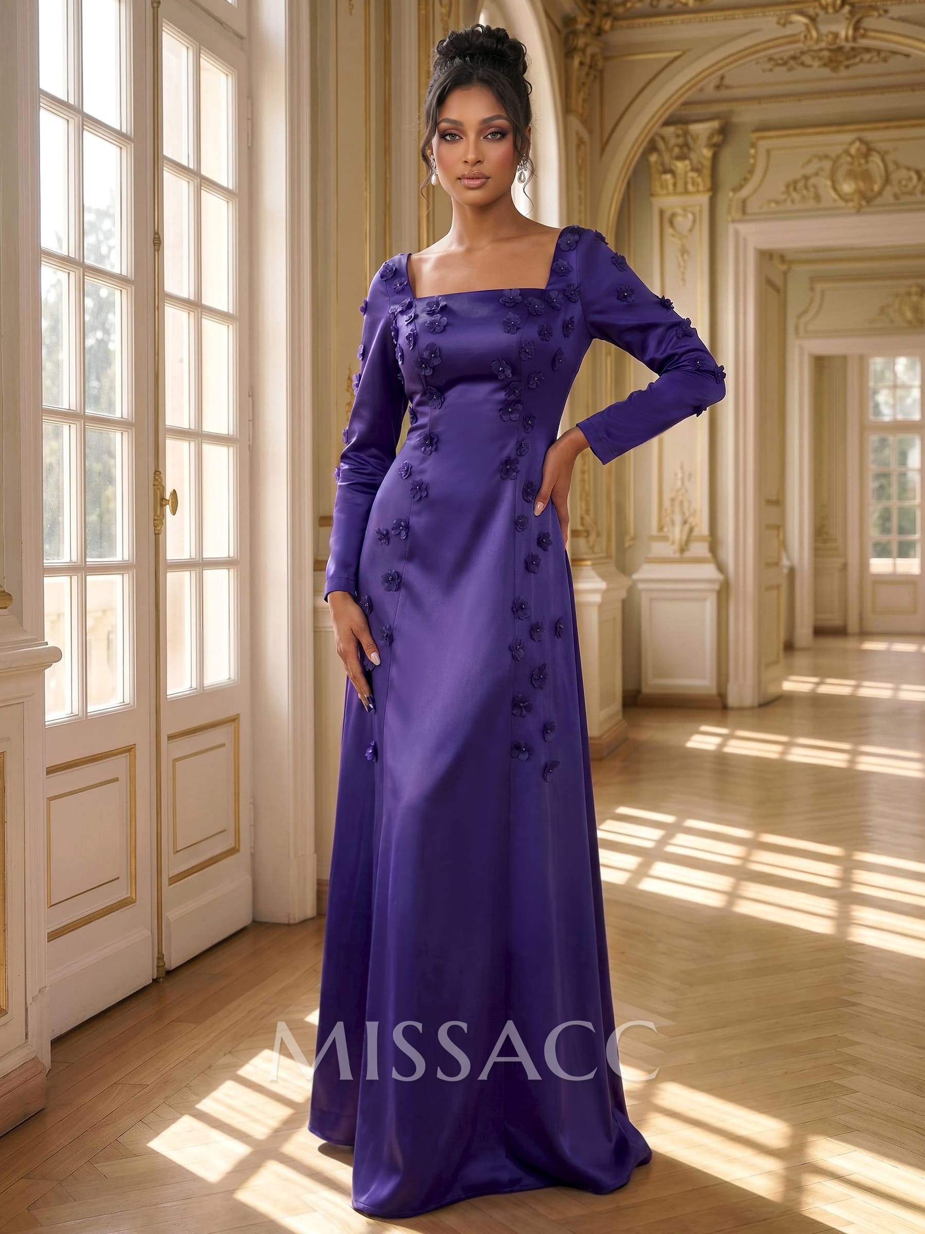 A-Line Square Neckline Long Sleeves Satin Evening Dresses With Flower(s) A-Line Square Neckline Long Sleeves Satin Evening Dresses With Flower(s)