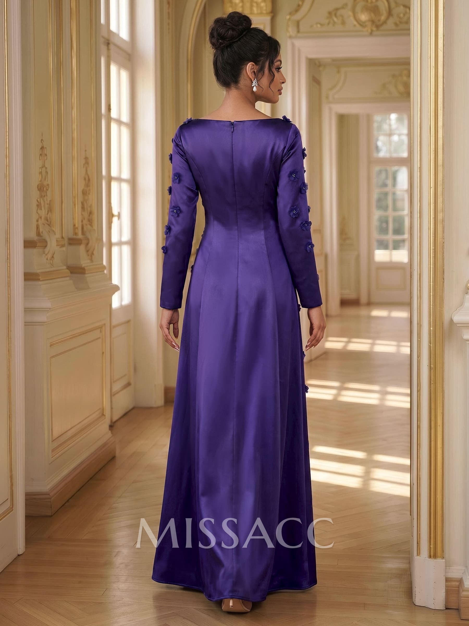 A-Line Square Neckline Long Sleeves Satin Evening Dresses With Flower(s) A-Line Square Neckline Long Sleeves Satin Evening Dresses With Flower(s)