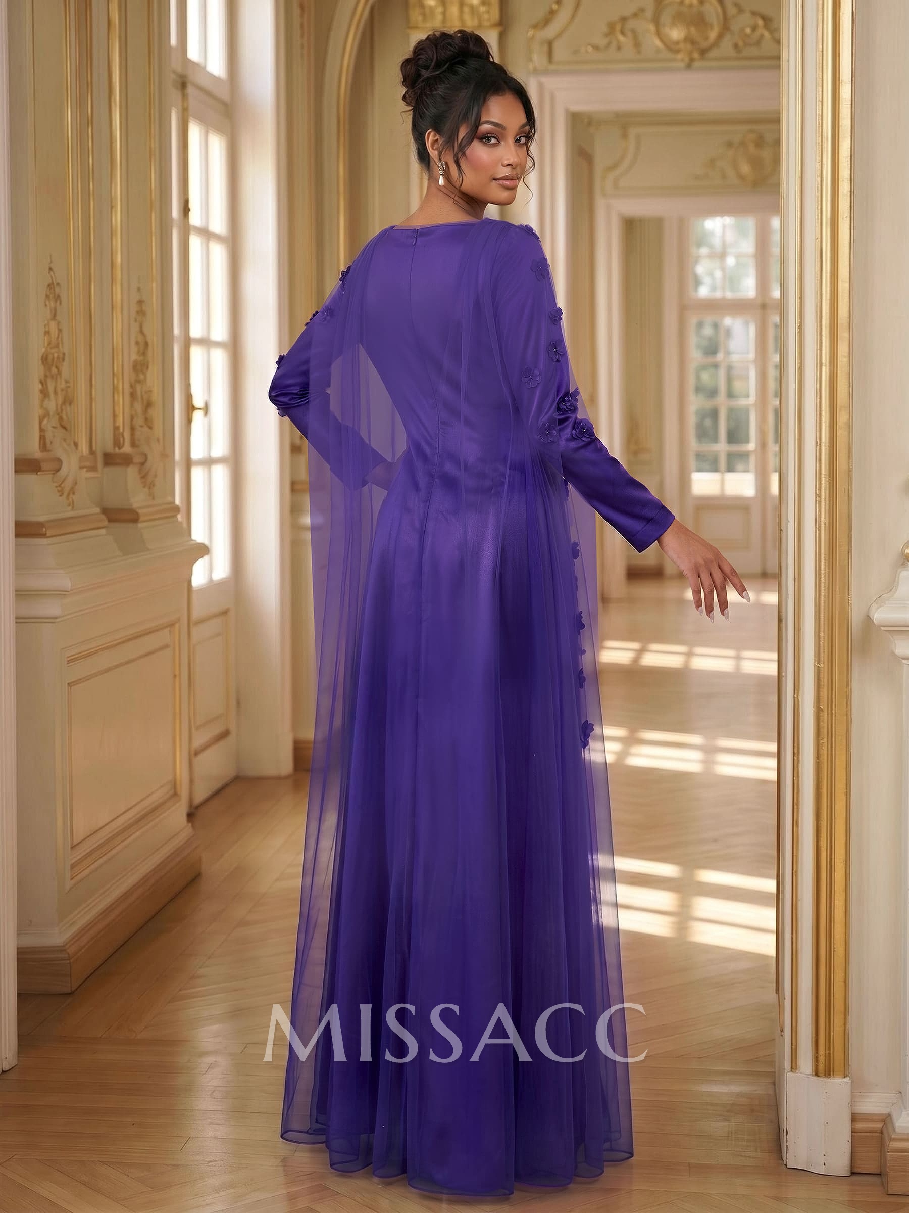 A-Line Square Neckline Long Sleeves Satin Evening Dresses With Flower(s) A-Line Square Neckline Long Sleeves Satin Evening Dresses With Flower(s)