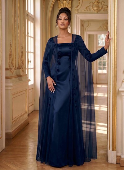 A-Line Square Neckline Long Sleeves Satin Evening Dresses With Flower(s)