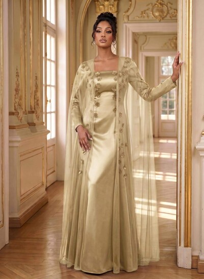 A-Line Square Neckline Long Sleeves Satin Evening Dresses With Flower(s)