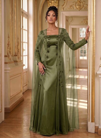 A-Line Square Neckline Long Sleeves Satin Evening Dresses With Flower(s)