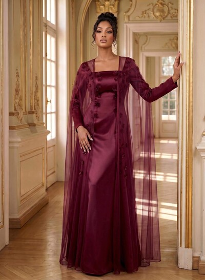 A-Line Square Neckline Long Sleeves Satin Evening Dresses With Flower(s)
