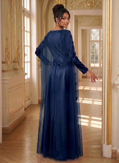 A-Line Square Neckline Long Sleeves Satin Evening Dresses With Flower(s)
