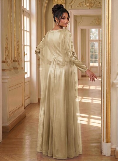A-Line Square Neckline Long Sleeves Satin Evening Dresses With Flower(s)