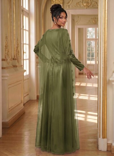 A-Line Square Neckline Long Sleeves Satin Evening Dresses With Flower(s)