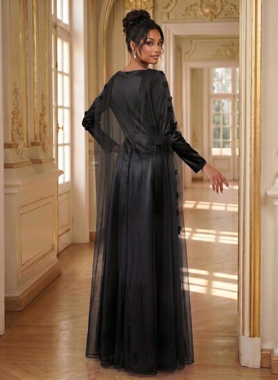 A-Line Square Neckline Long Sleeves Satin Evening Dresses With Flower(s)