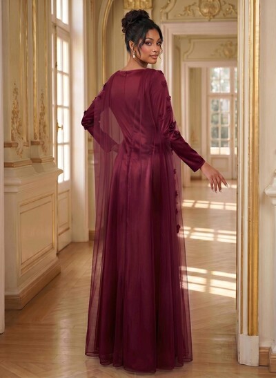 A-Line Square Neckline Long Sleeves Satin Evening Dresses With Flower(s)