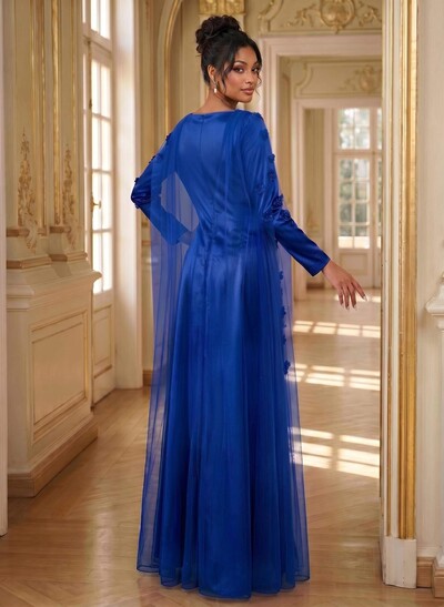 A-Line Square Neckline Long Sleeves Satin Evening Dresses With Flower(s)