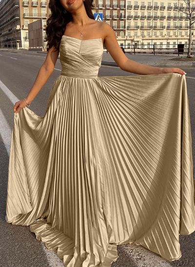 A-Line Strapless Sleeveless Silk Like Satin Evening Dresses With Pleated