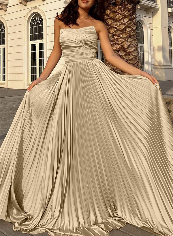 A-Line Strapless Sleeveless Silk Like Satin Evening Dresses With Pleated