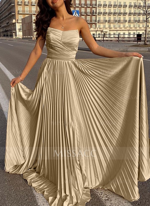 A-Line Strapless Sleeveless Silk Like Satin Evening Dresses With Pleated