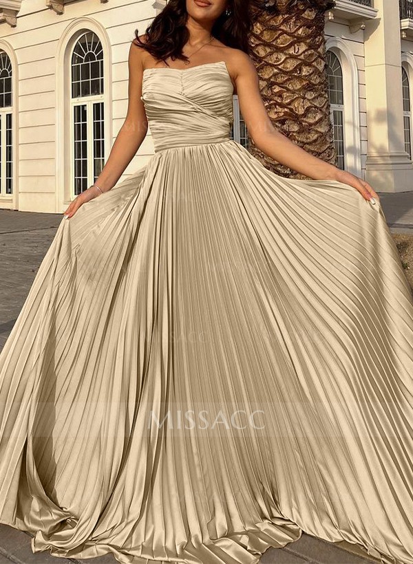 A-Line Strapless Sleeveless Silk Like Satin Evening Dresses With Pleated