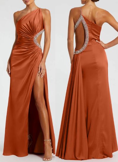 Sheath/Column One-Shoulder Silk Like Satin Evening Dresses With Rhinestone