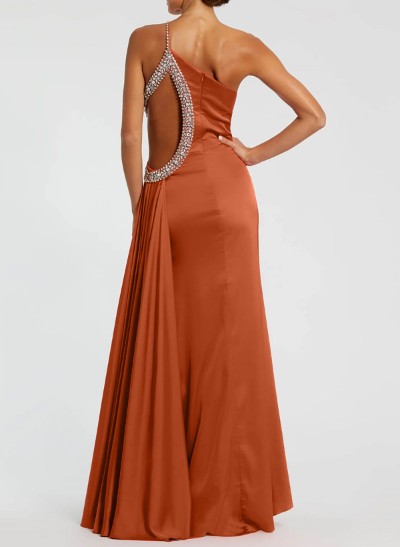 Sheath/Column One-Shoulder Silk Like Satin Evening Dresses With Rhinestone