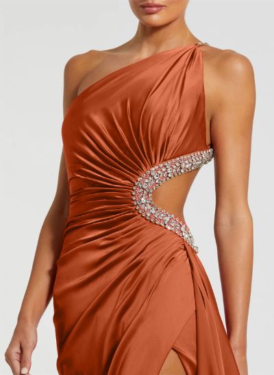 Sheath/Column One-Shoulder Silk Like Satin Evening Dresses With Rhinestone