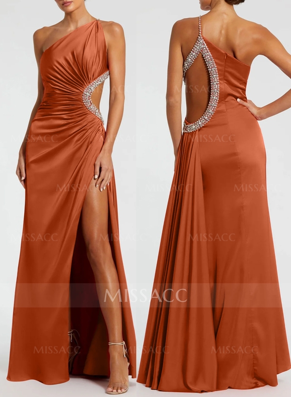 Sheath/Column One-Shoulder Silk Like Satin Evening Dresses With Rhinestone