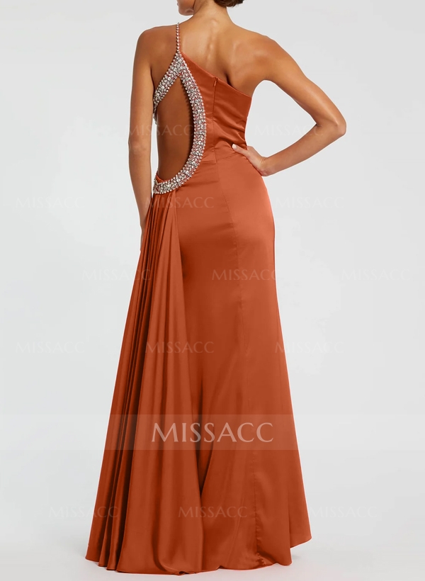 Sheath/Column One-Shoulder Silk Like Satin Evening Dresses With Rhinestone