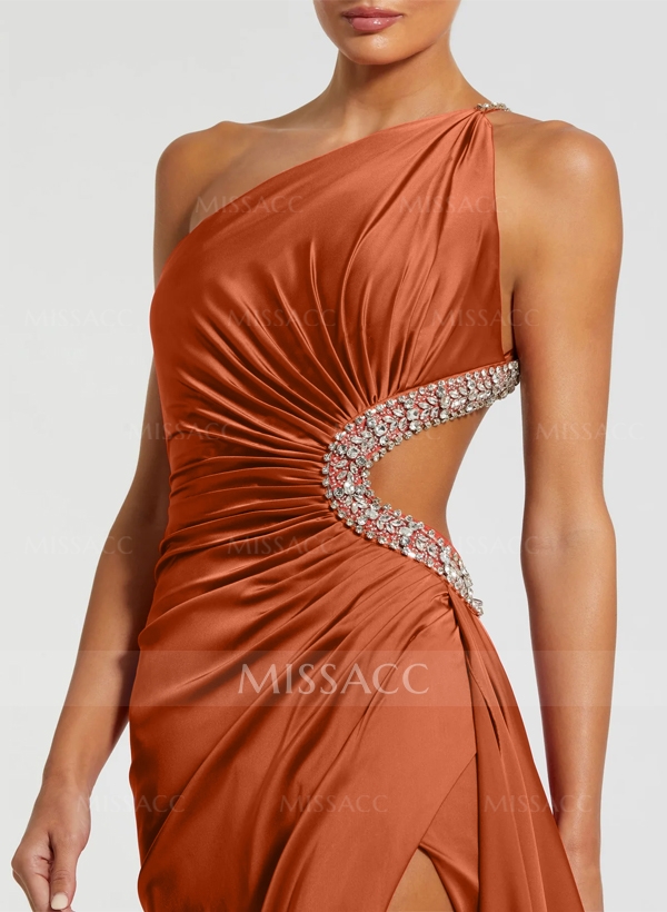 Sheath/Column One-Shoulder Silk Like Satin Evening Dresses With Rhinestone