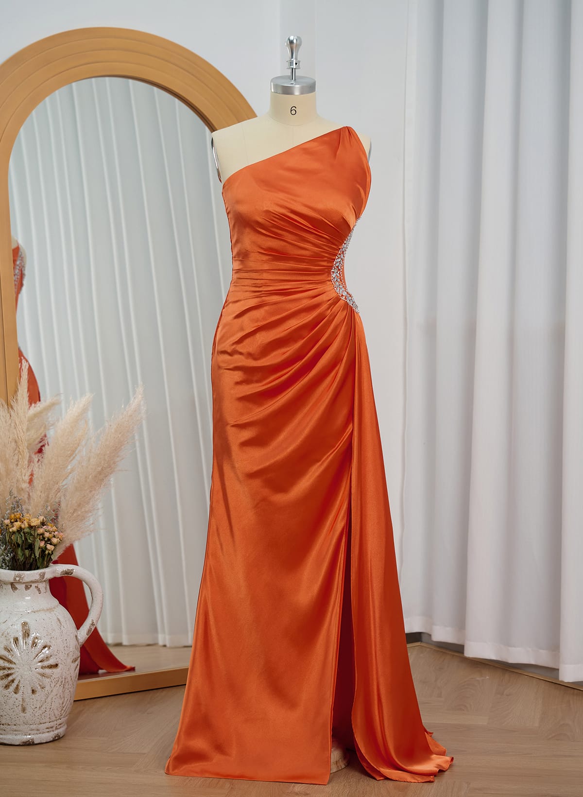 Sheath/Column One-Shoulder Silk Like Satin Evening Dresses With Rhinestone