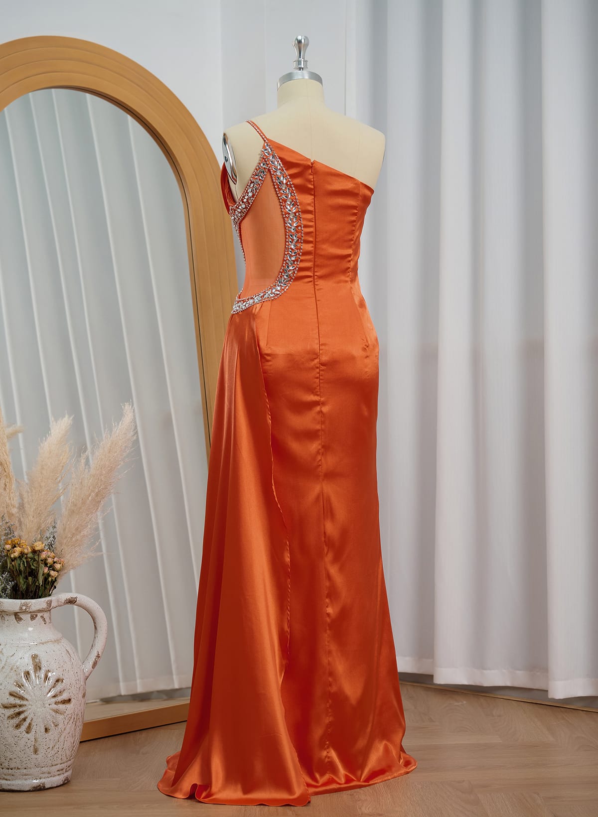 Sheath/Column One-Shoulder Silk Like Satin Evening Dresses With Rhinestone