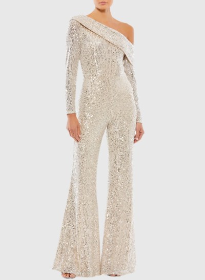 Jumpsuit/Pantsuit Asymmetrical Long Sleeves Floor-Length Sequined Evening Dresses