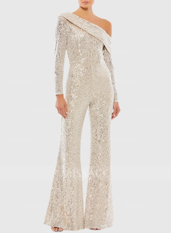 Jumpsuit/Pantsuit Asymmetrical Long Sleeves Floor-Length Sequined Evening Dresses