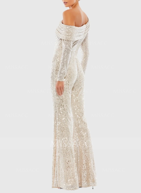 Jumpsuit/Pantsuit Asymmetrical Long Sleeves Floor-Length Sequined Evening Dresses