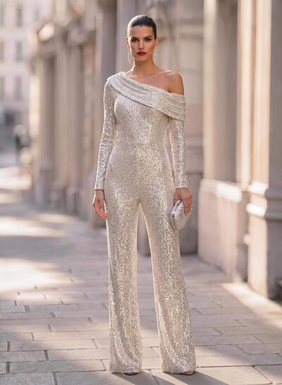 Jumpsuit/Pantsuit Asymmetrical Long Sleeves Floor-Length Sequined Evening Dresses