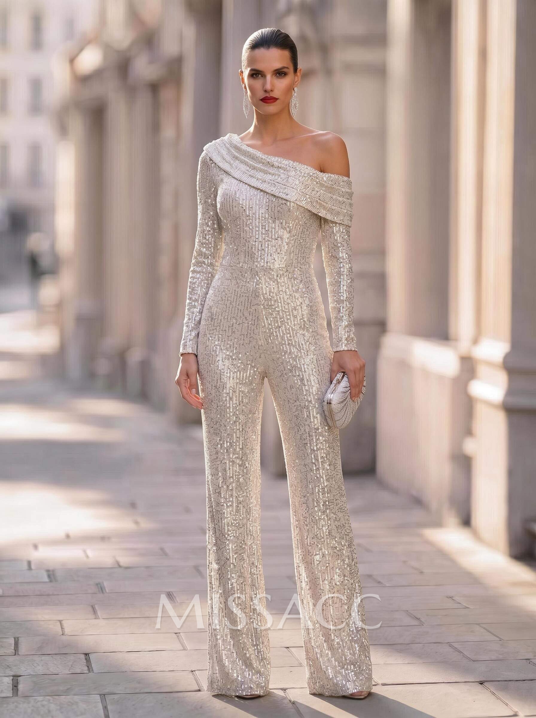 Jumpsuit/Pantsuit Asymmetrical Long Sleeves Floor-Length Sequined Evening Dresses
