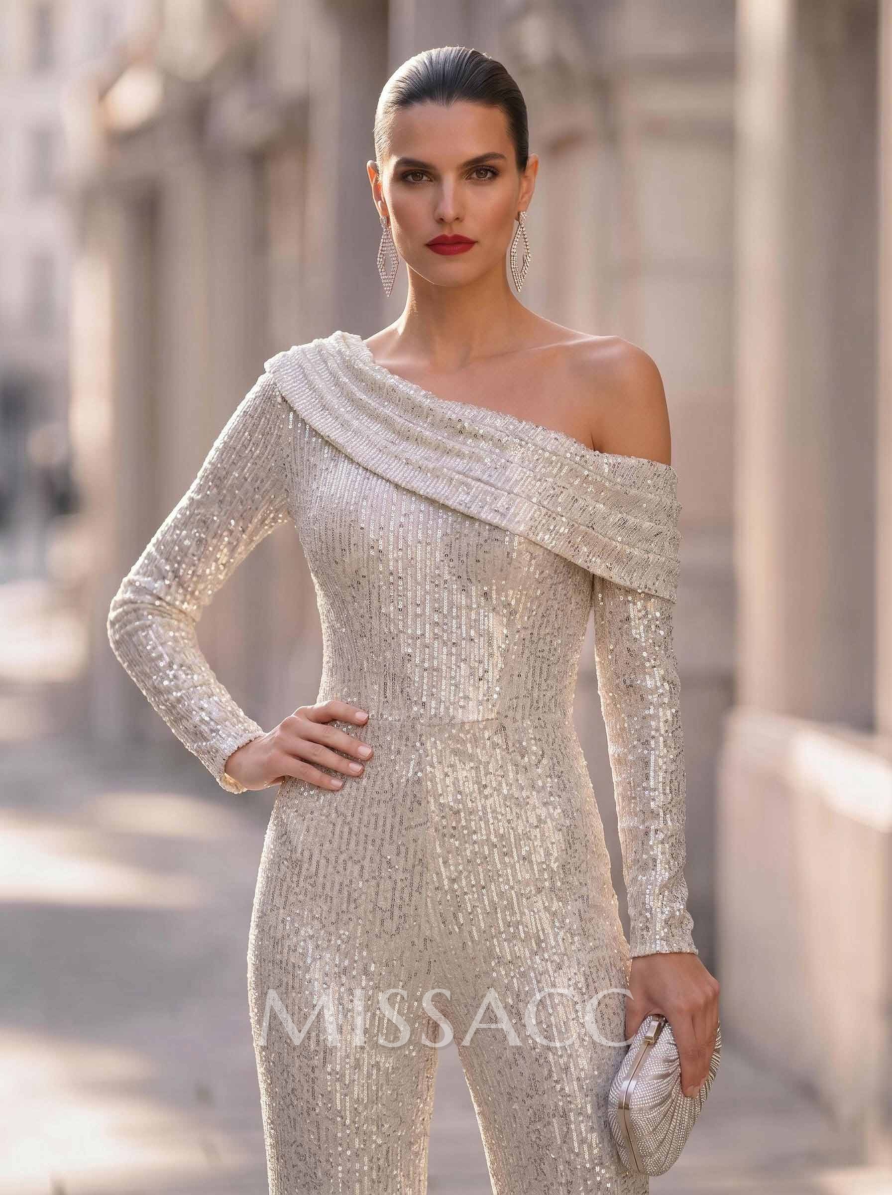 Jumpsuit/Pantsuit Asymmetrical Long Sleeves Floor-Length Sequined Evening Dresses