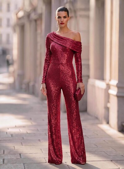 Jumpsuit/Pantsuit Asymmetrical Long Sleeves Floor-Length Sequined Evening Dresses