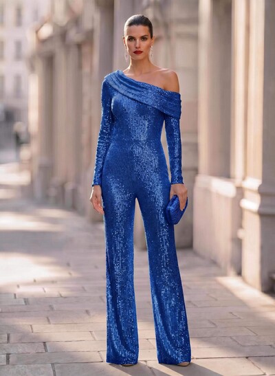 Jumpsuit/Pantsuit Asymmetrical Long Sleeves Floor-Length Sequined Evening Dresses