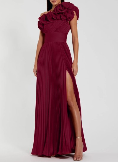 A-Line One-Shoulder Sleeveless Floor-Length Chiffon Evening Dresses With Ruffle/High Split