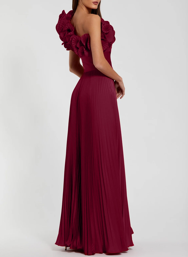 A-Line One-Shoulder Sleeveless Floor-Length Chiffon Evening Dresses With Ruffle/High Split