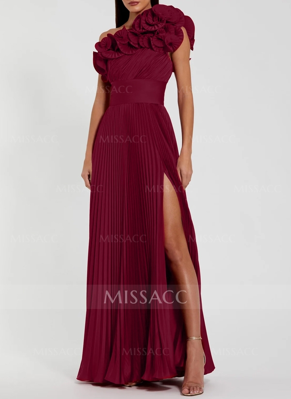 A-Line One-Shoulder Sleeveless Floor-Length Chiffon Evening Dresses With Ruffle/High Split