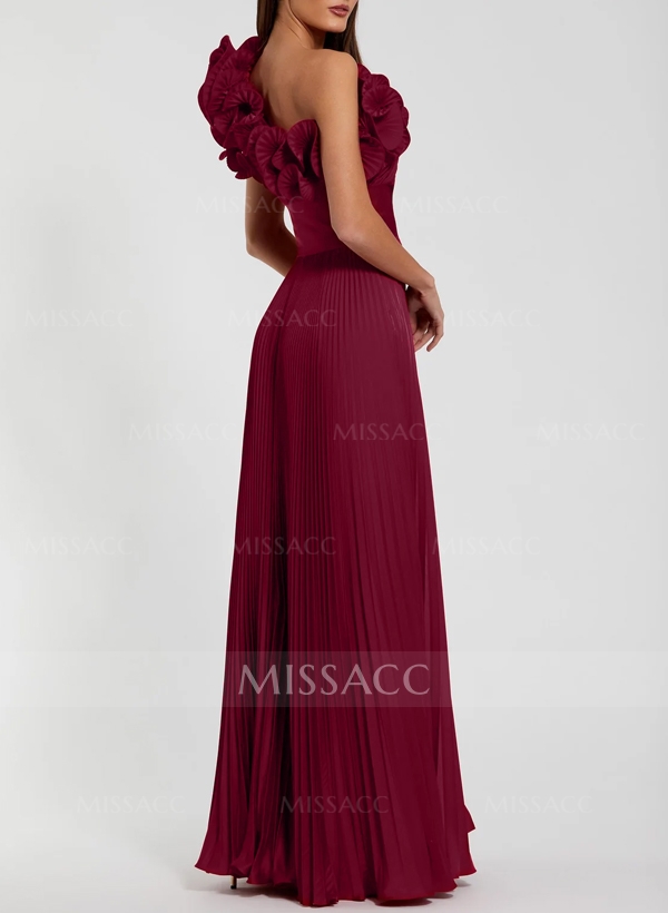 A-Line One-Shoulder Sleeveless Floor-Length Chiffon Evening Dresses With Ruffle/High Split