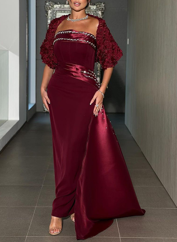 Sheath/Column Ankle-Length Satin/Velvet Evening Dresses With Rhinestone/Sweeping Side Drape