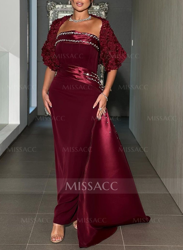 Sheath/Column Ankle-Length Satin/Velvet Evening Dresses With Rhinestone/Sweeping Side Drape