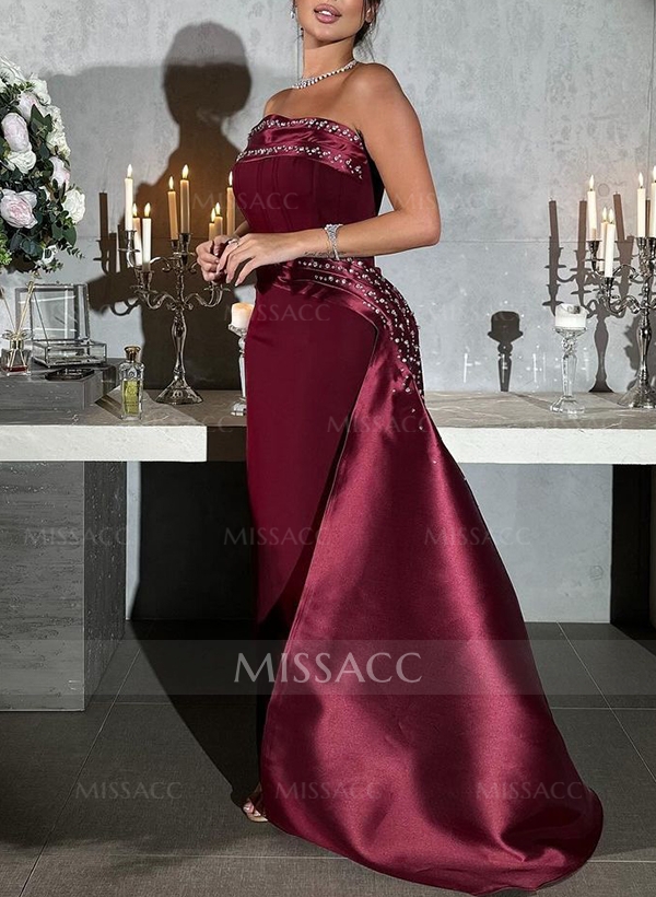 Sheath/Column Ankle-Length Satin/Velvet Evening Dresses With Rhinestone/Sweeping Side Drape