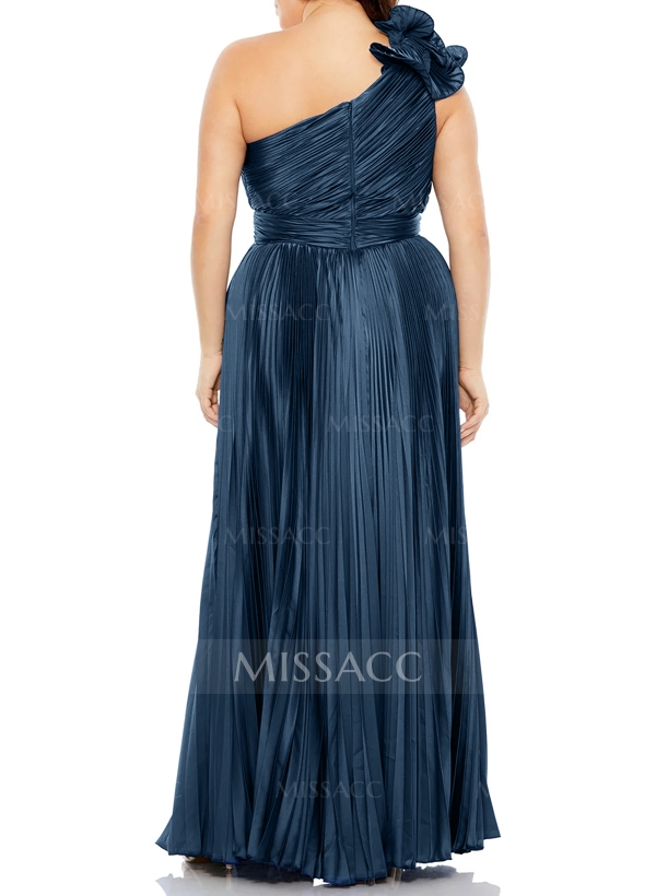 A-Line One-Shoulder Floor-Length Silk Like Satin Evening Dresses With Ruffle/High Split