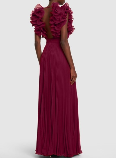 A-Line V-Neck Sleeveless Floor-Length Chiffon Evening Dresses With Ruffle