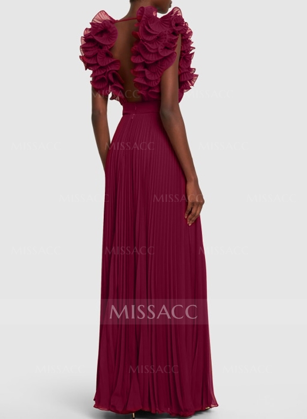 A-Line V-Neck Sleeveless Floor-Length Chiffon Evening Dresses With Ruffle