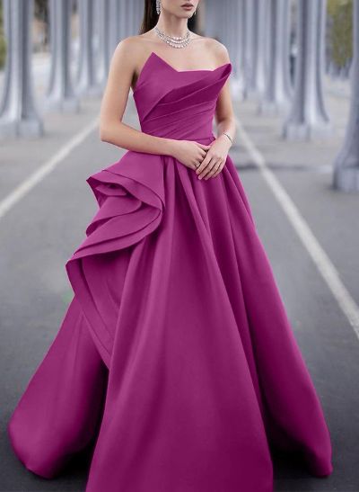 A-Line Strapless Sleeveless Satin Evening Dresses With Ruffle