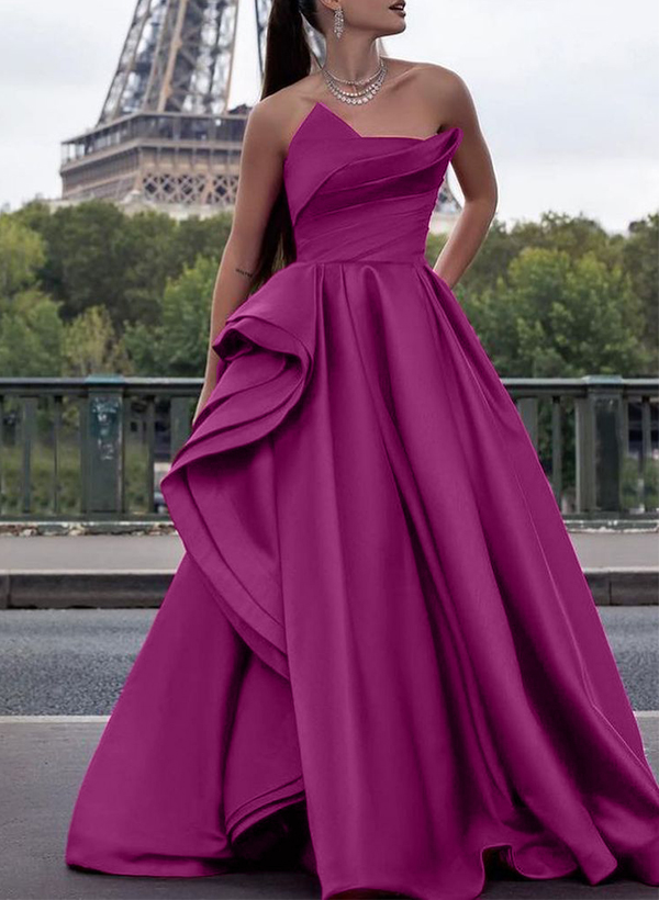 A-Line Strapless Sleeveless Satin Evening Dresses With Ruffle