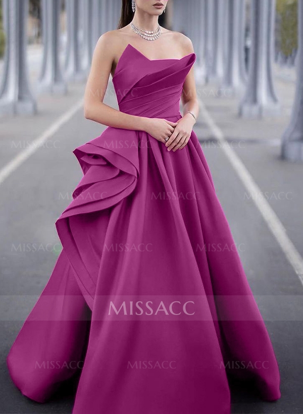 A-Line Strapless Sleeveless Satin Evening Dresses With Ruffle