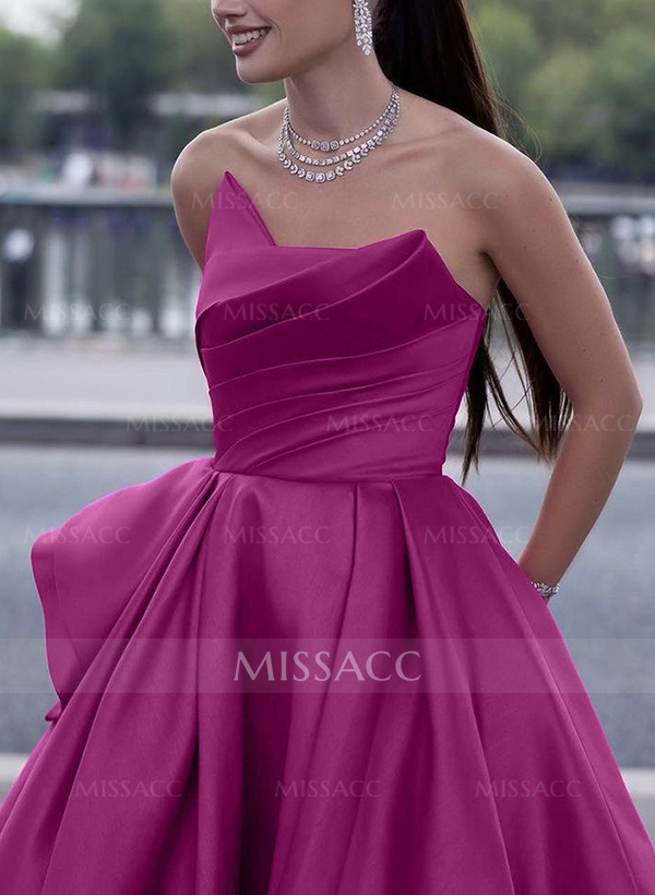 A-Line Strapless Sleeveless Satin Evening Dresses With Ruffle