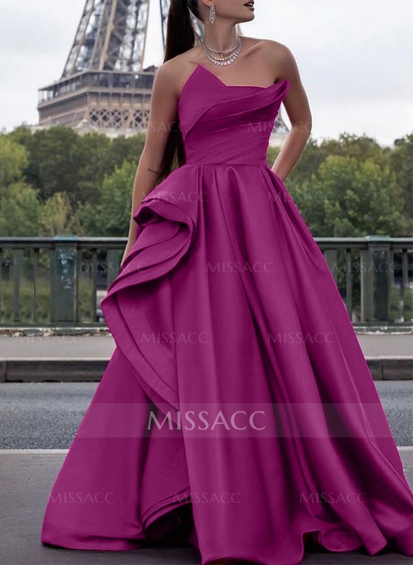 A-Line Strapless Sleeveless Satin Evening Dresses With Ruffle